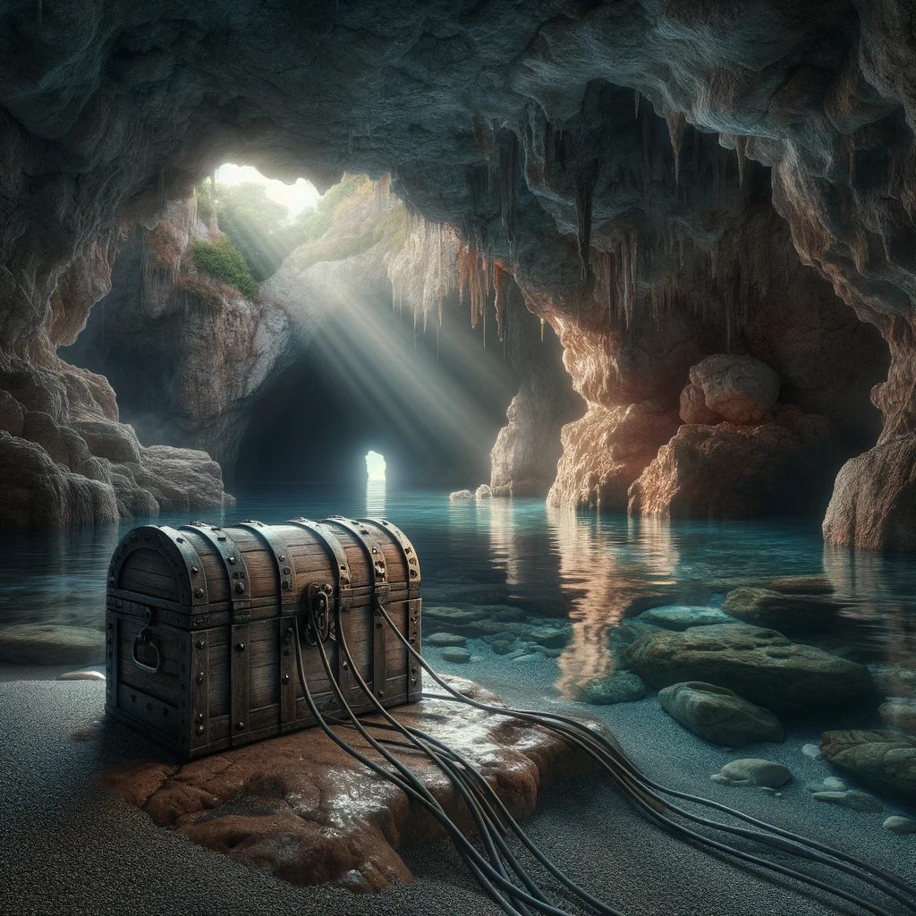 A sea cave with a wired chest at the water's edge